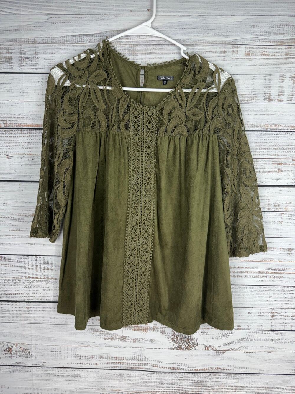Hannah Green Faux Suede Boho Lace Top Medium Y2K Babydoll Embroidered Flowy Work